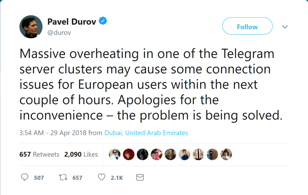 یکی از سرورهای کلاستر تلگرام در اروپا به دلیل گرمای بیش از حد، از دسترس خارج شده که نتیجه اش، عدم دسترسی بسیاری از کاربران، در سراسر دنیا، به این پیام رسان محبوب شده.